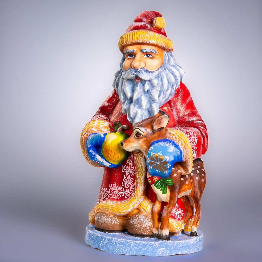 Hand carved Old-World Santa wooden figurine 14 inch, deer fawn apple scene, mantel decor
