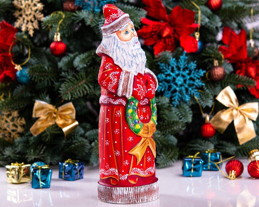 Hand carved Santa wooden figurine 11.4 inch, wreath Christmas decor