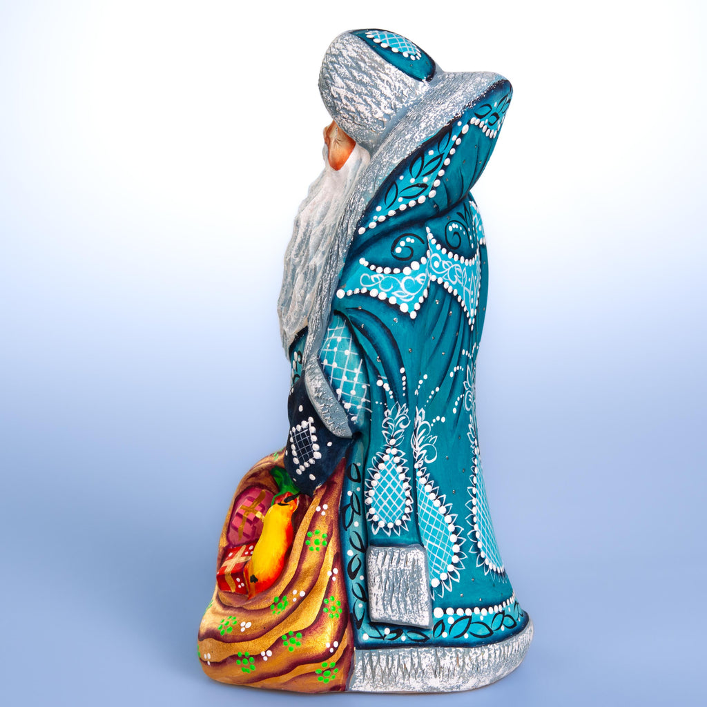 Hand carved teal Santa wooden figurine 9.1 inch, toy sack, mantel decor
