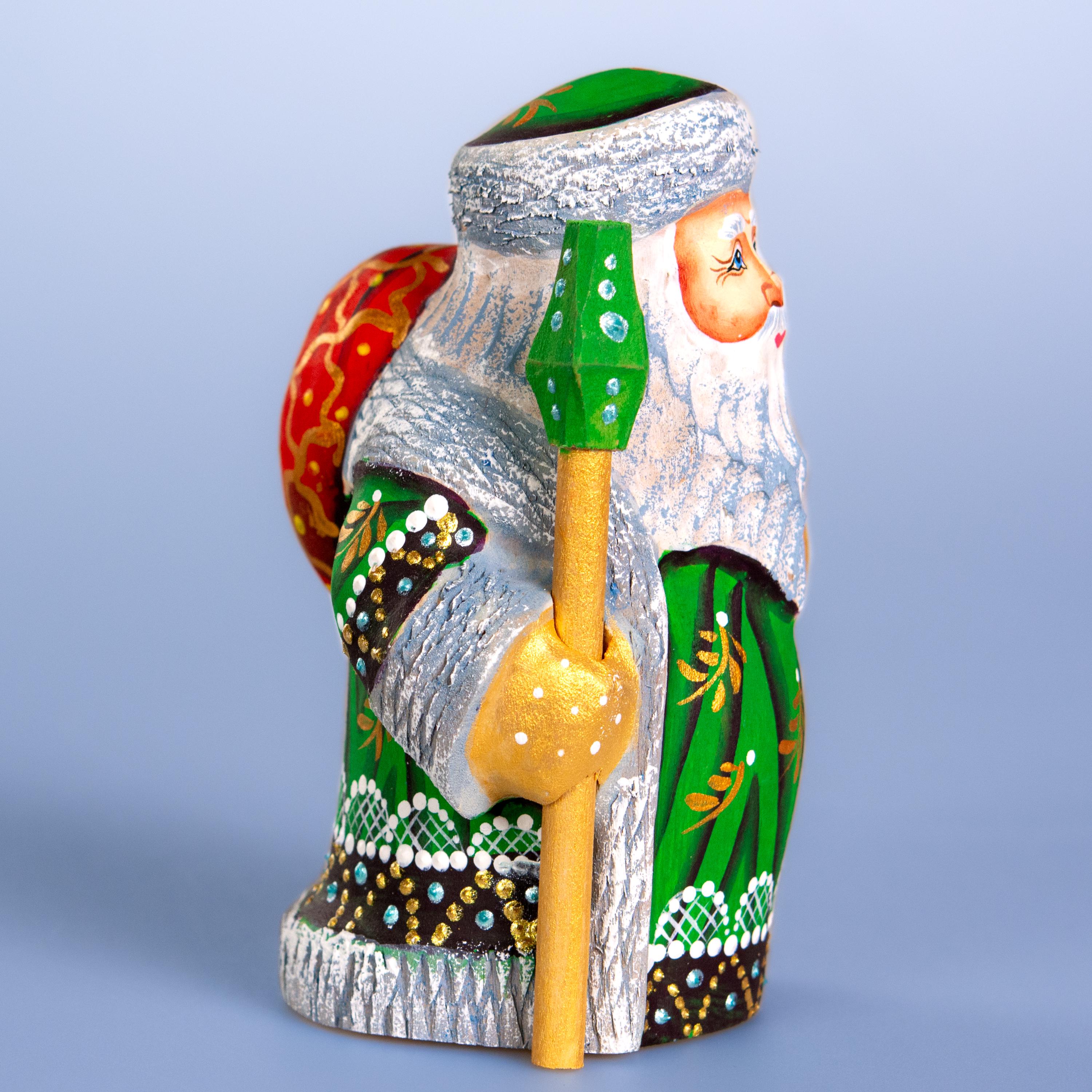 Hand carved Santa wooden figurine 5.1 inch, green coat shelf decor