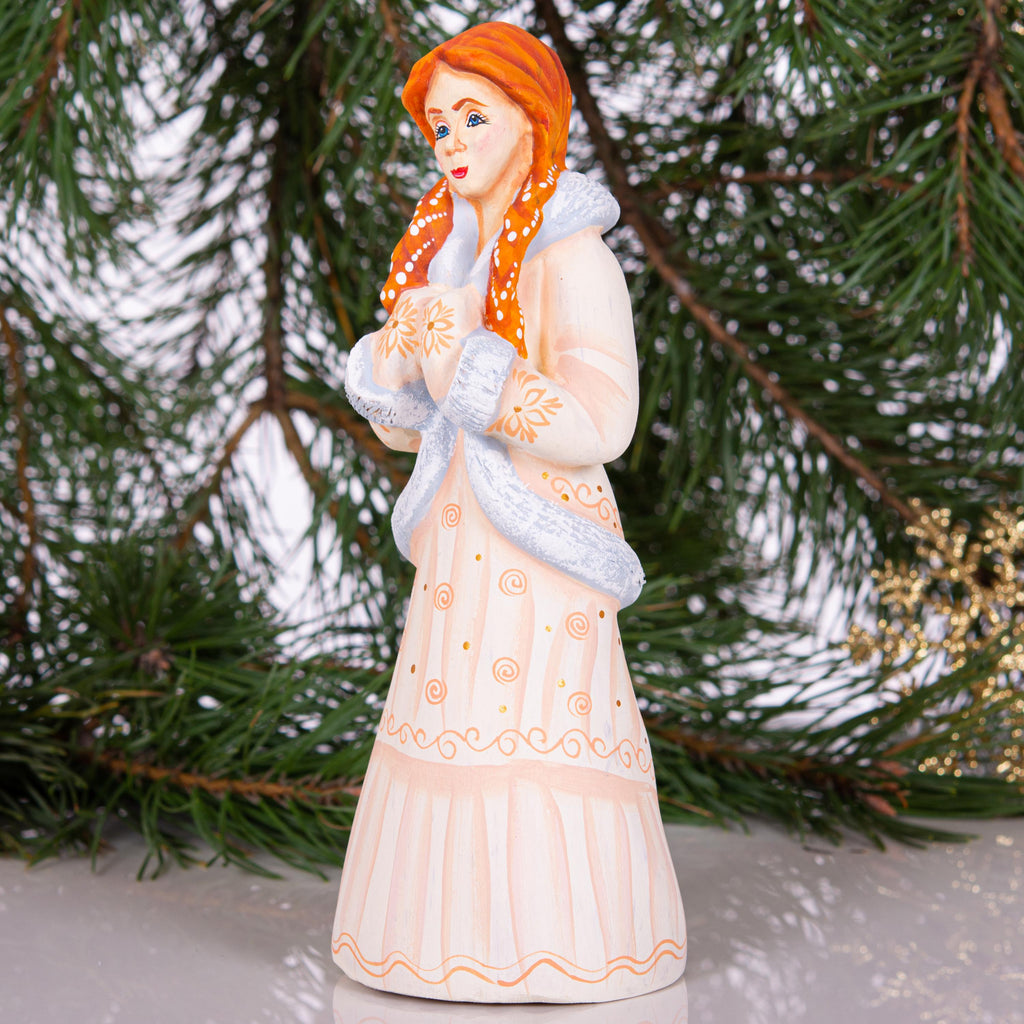 Hand carved Snow Maiden wooden figurine 8.2 inch, winter mantel decor