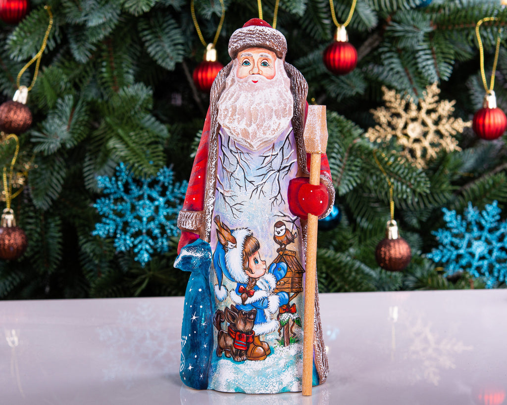 Hand carved wooden Santa figurine 9 inch, girl with animals, Christmas shelf decor