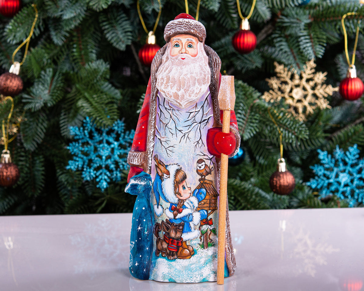 Hand carved wooden Santa figurine 9 inch, girl with animals, Christmas shelf decor