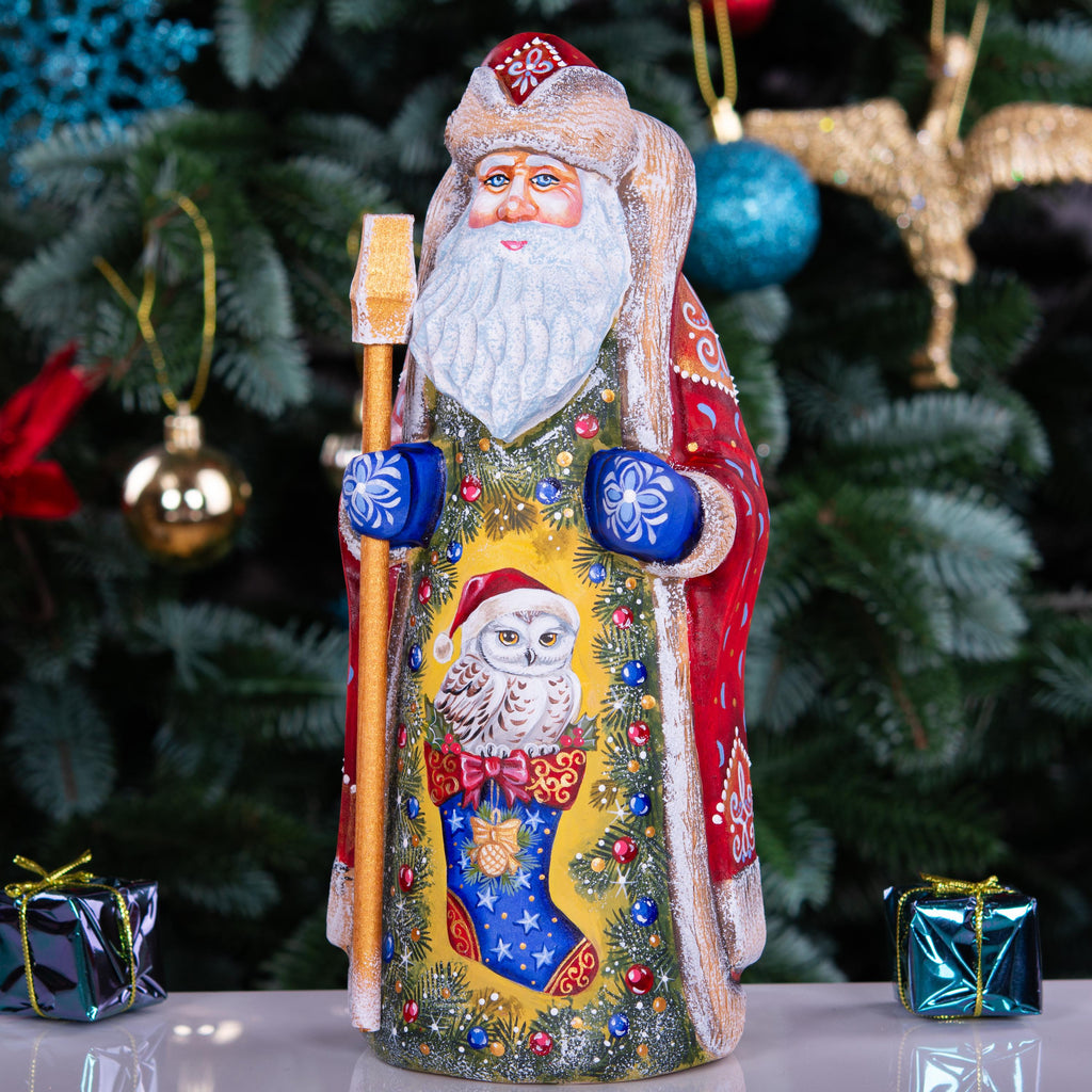 Hand Carved Santa Claus Statue: Owl in Stocking, Rustic Christmas Decor