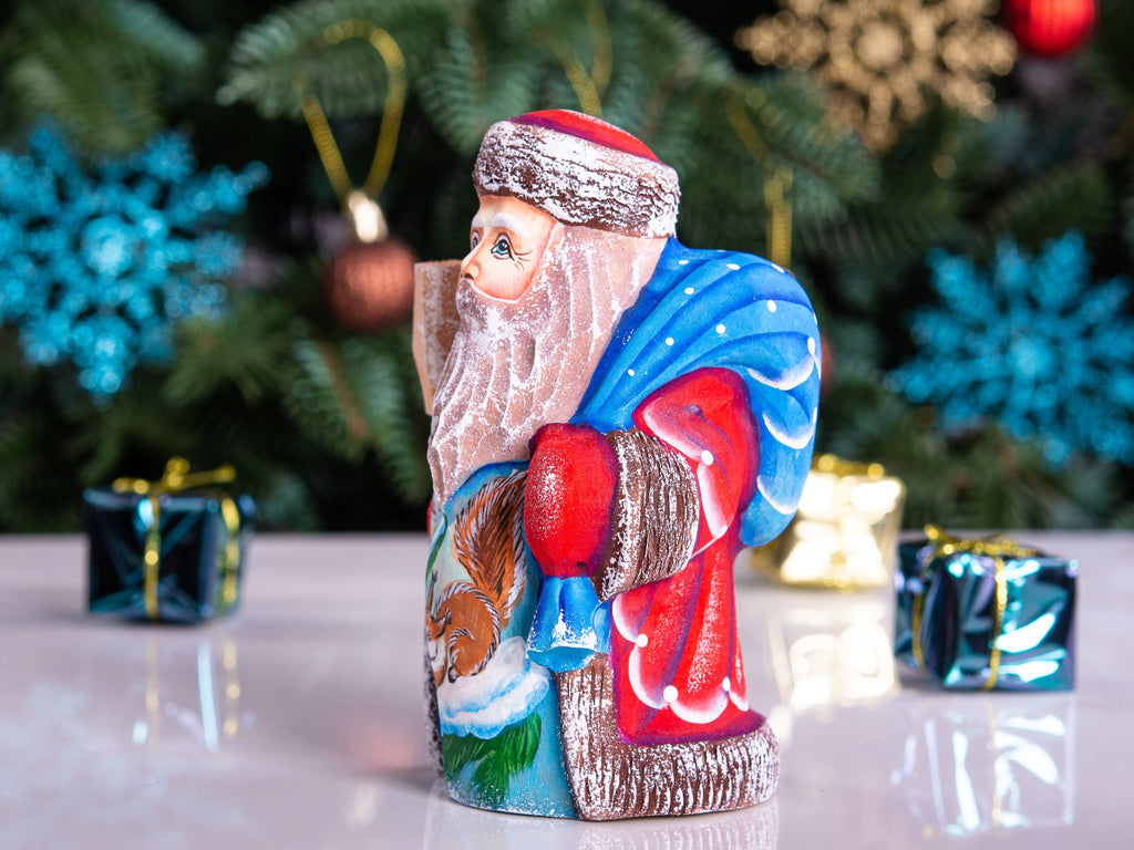 Solid wood Father Christmas figurine squirrel scene tabletop gift 5.1 inch