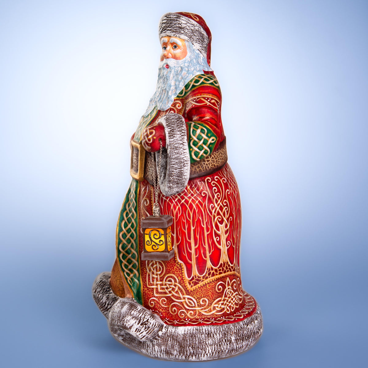 Hand carved wooden Santa figurine 14 inch, Celtic knot pattern, lantern display