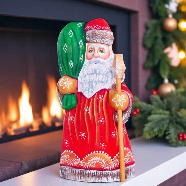 Hand carved wooden Santa figurine 8 inch, gift sack, mantel decor