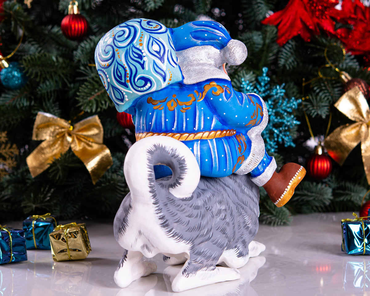 Hand carved Santa riding husky dog wood carving 9 inch, rustic holiday centerpiece