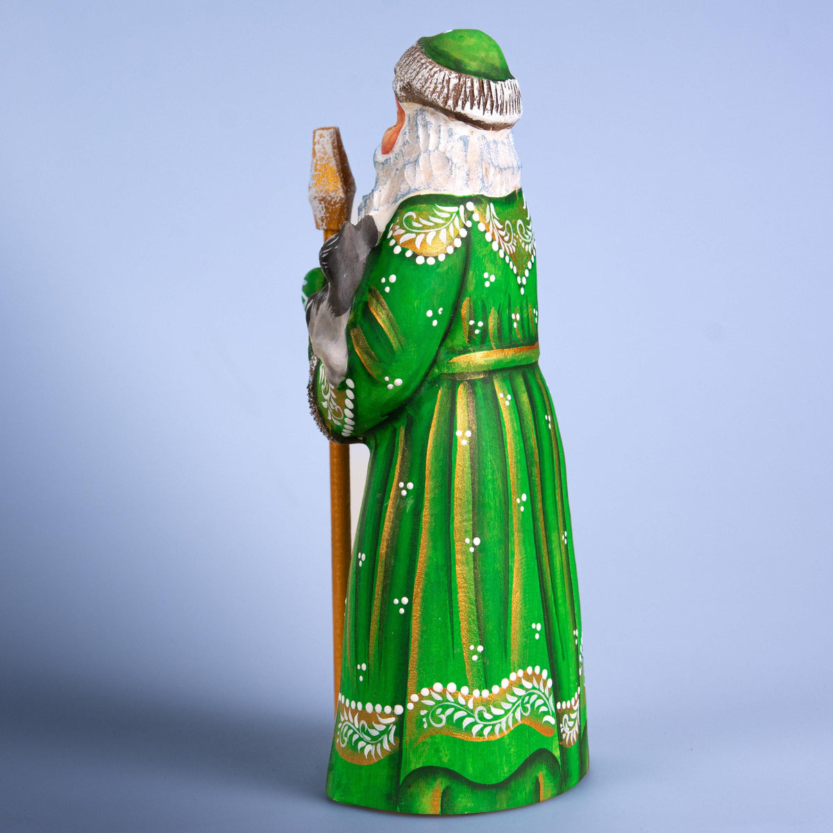 Santa figurine with cat and staff, hand painted carved wood, 9.1 inch