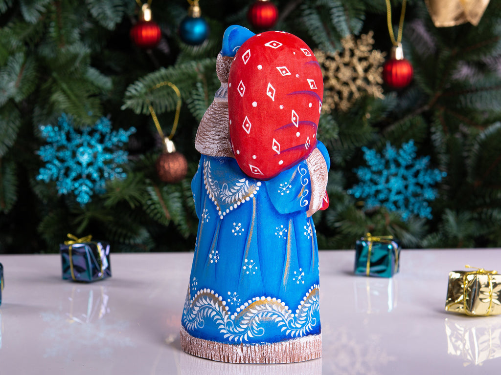 Santa figurine with staff, hand painted carved wood, shelf decor, 8.3 inch