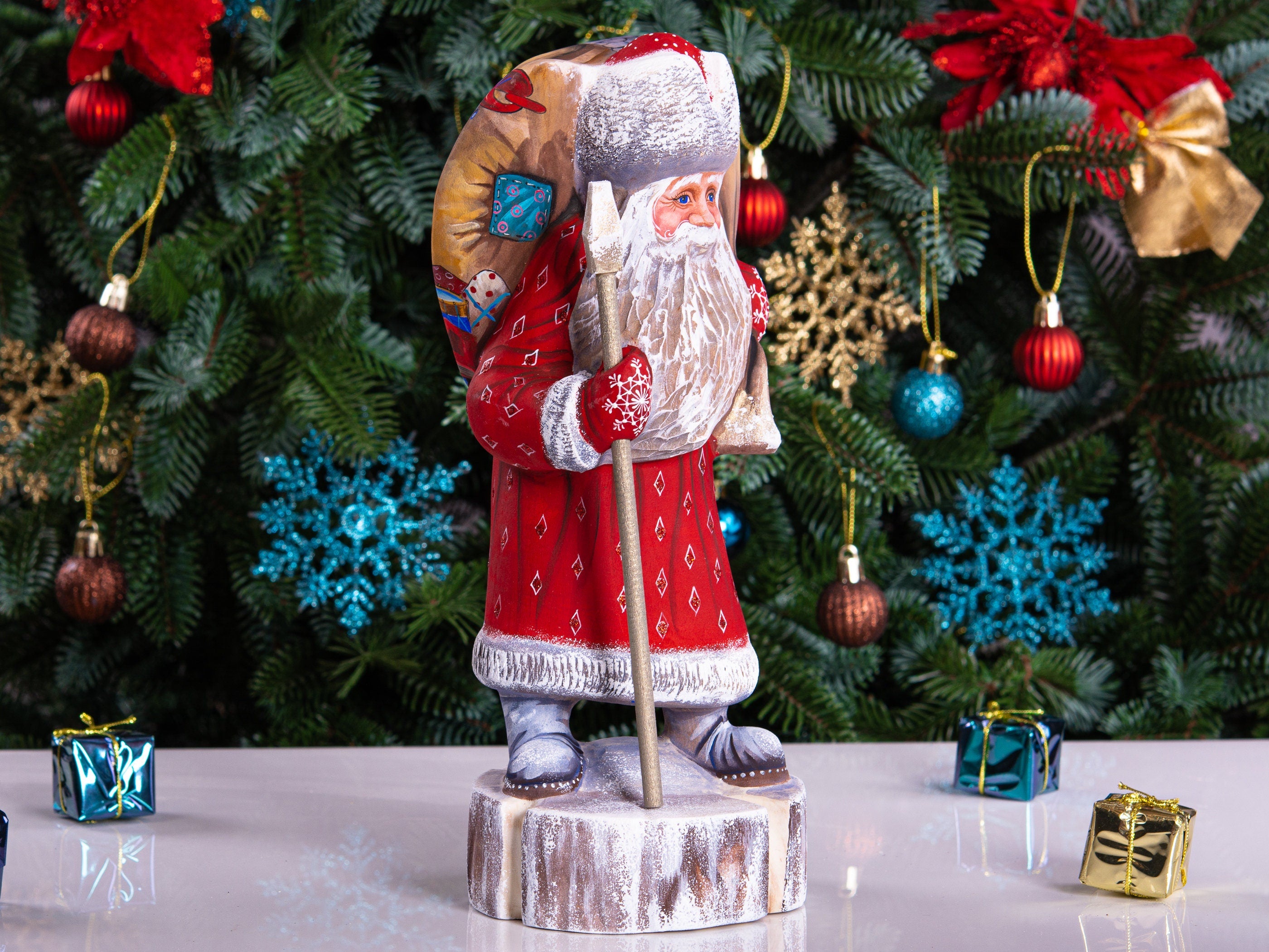Hand carved wooden Santa figurine 11 inch, workshop fireplace scene, rustic mantel centerpiece decor