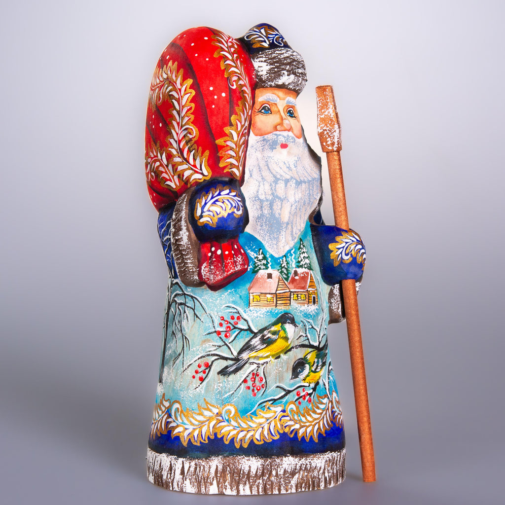Hand carved Old-World Santa wooden figurine 8 inch, winter birds village scene, mantel decor