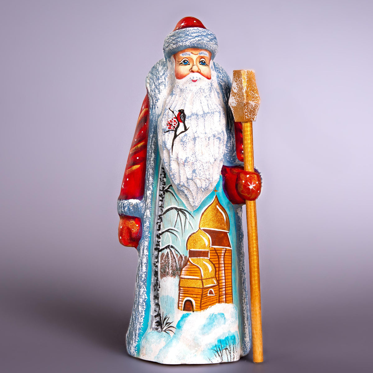 Old-World Santa wooden figurine 7.5 inch, winter church scene, mantel display gift