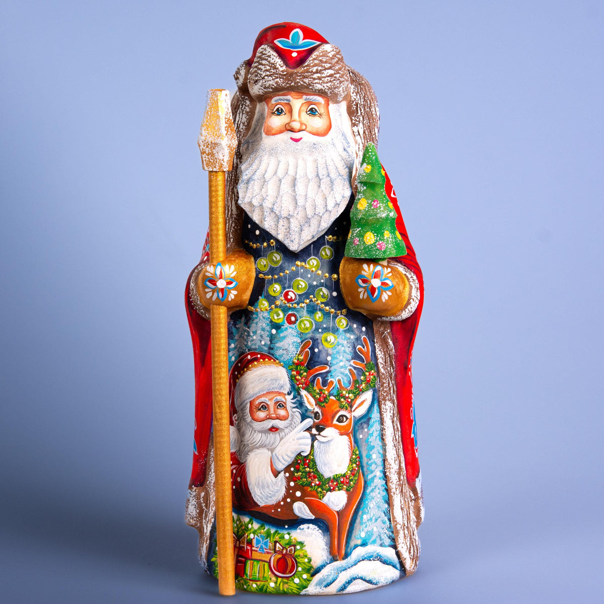 Hand Carved Wooden Santa Figurine 9 inch, Red Coat, Reindeer Scene