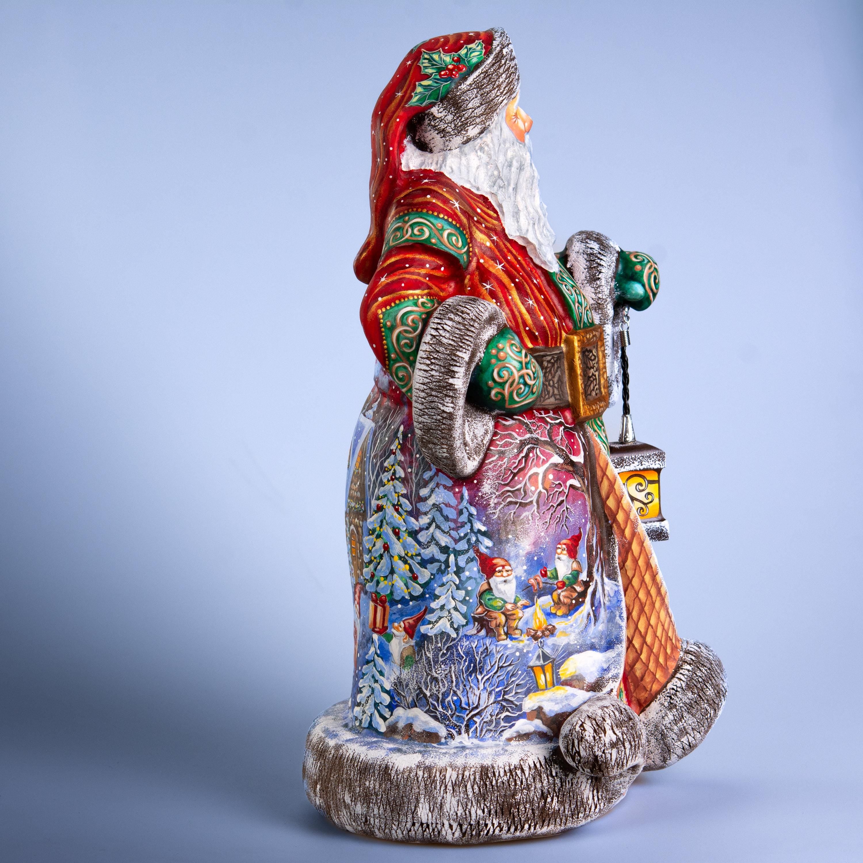 Hand Carved Santa Claus Figurine: Wooden Gnome Winter Scene, Painted Christmas Decor