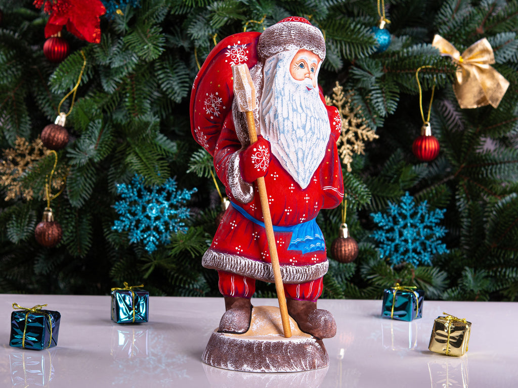 Hand carved Santa wooden figurine 11 inch, toy sack, mantel decor