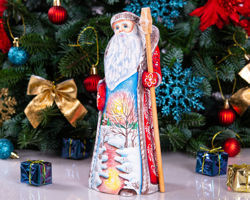 Russian Santa wooden figurine 9 inch, snow covered cottages painting, classic Christmas mantel display