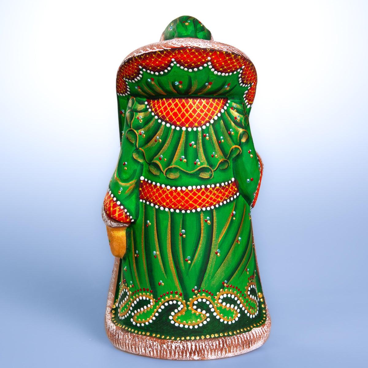 Hand carved Santa wooden figurine 9.5 inch, green coat mantel decor