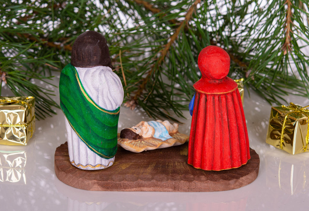 Hand Carved Wooden Nativity Set 4", Holy Family on Board