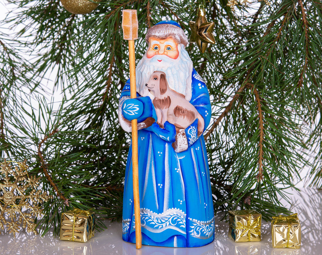 Blue Santa wood figurine 8.7 inch, hand carved with dog, Christmas shelf accent