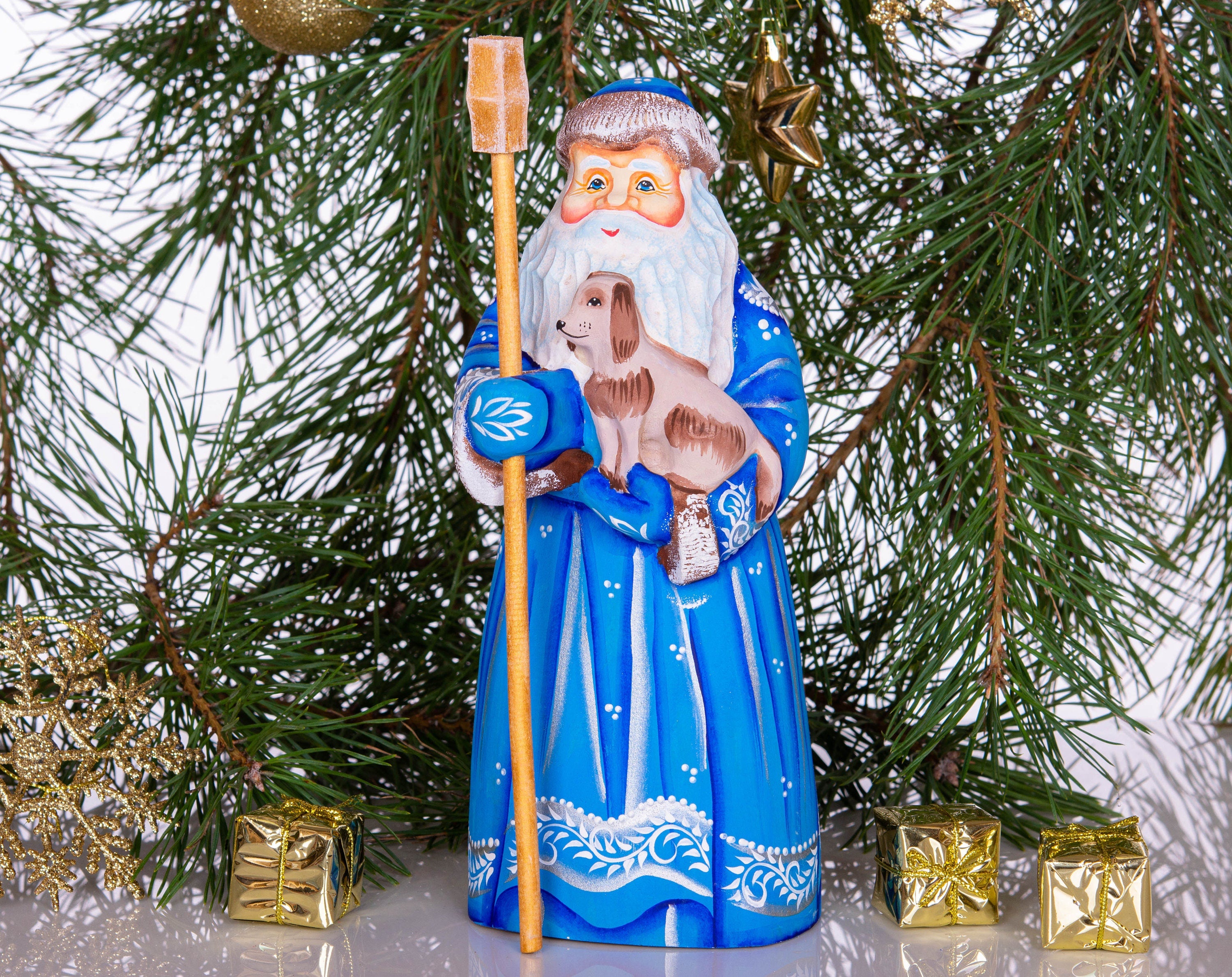 Blue Santa wood figurine 8.7 inch, hand carved with dog, Christmas shelf accent