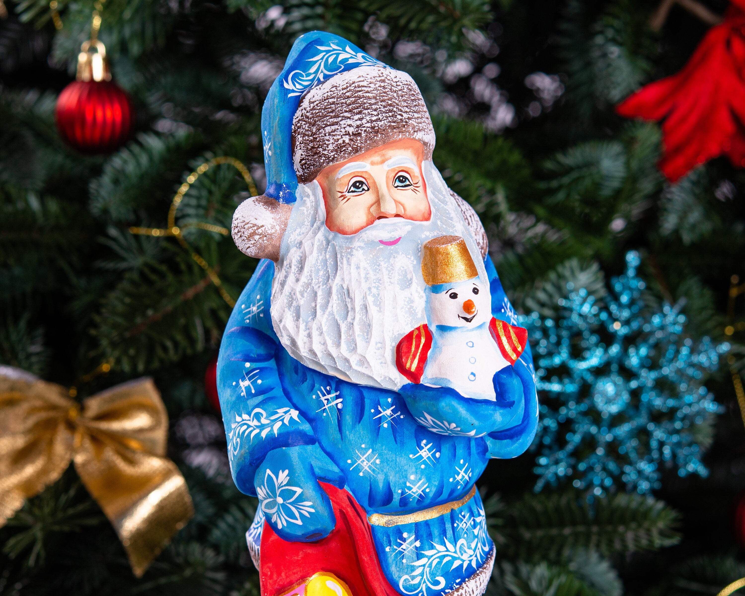 Hand carved Santa wooden figurine 10 inch, snowman toy & gift sack, mantel decor