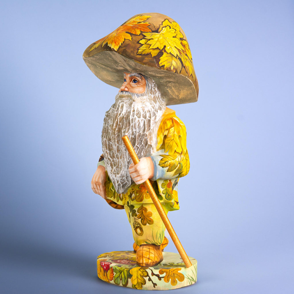 Mushroom gnome wood carving 11 inch, oak leaves, tabletop decor