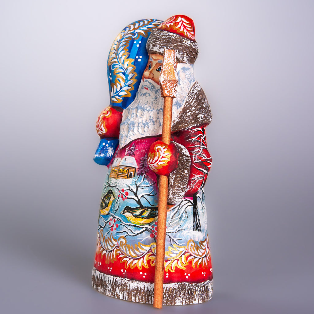 Hand painted Santa wooden figurine 8 inch, village snow scene with birds, shelf decor