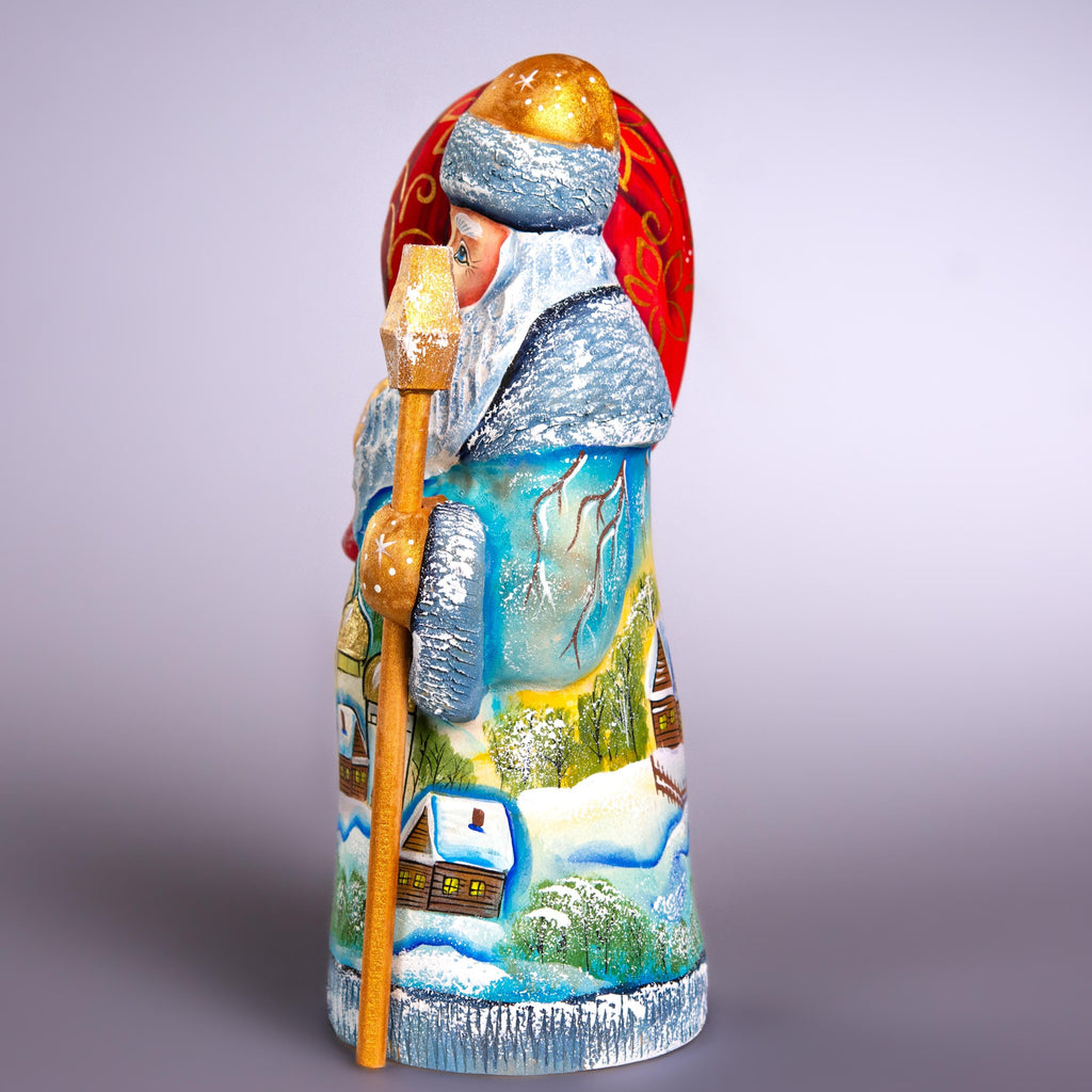 Hand Carved Santa Figurine 8 inch: Snowy Village, Golden Church - Signed Collectible