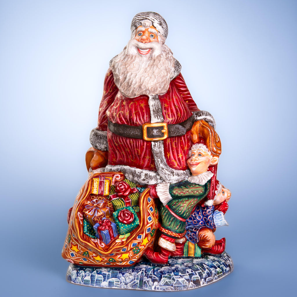 Hand carved wooden Santa figurine 14 inch, elves, mantel decor
