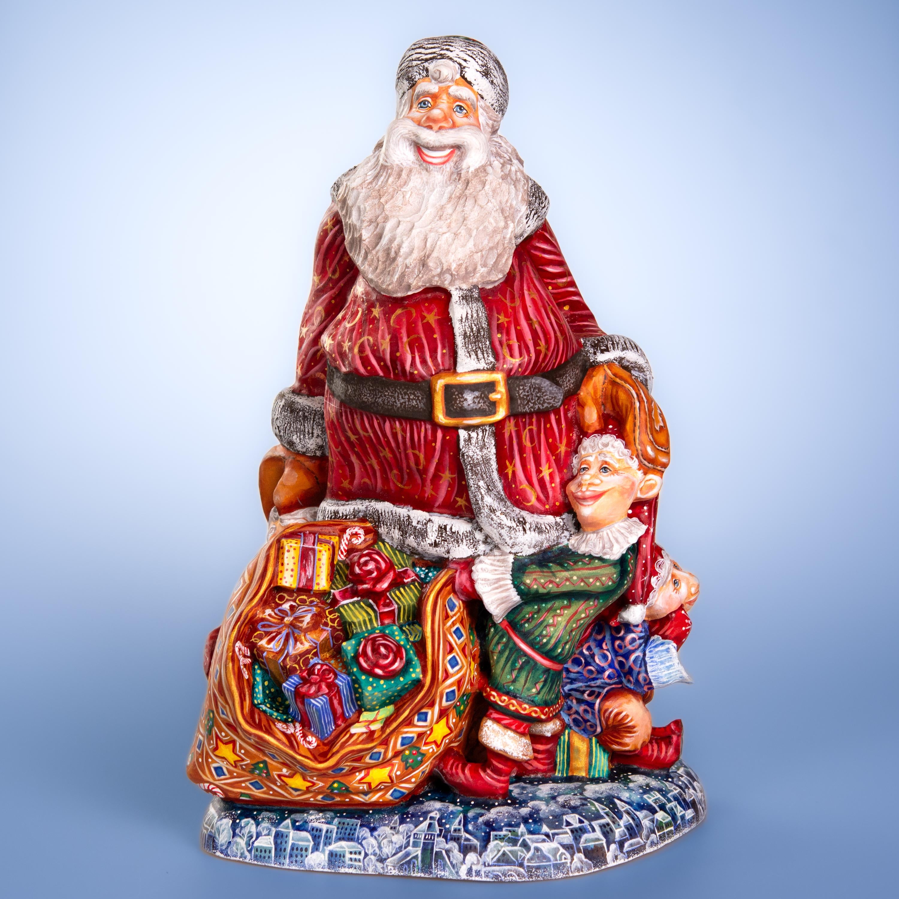Hand carved wooden Santa figurine 14 inch, elves, mantel decor