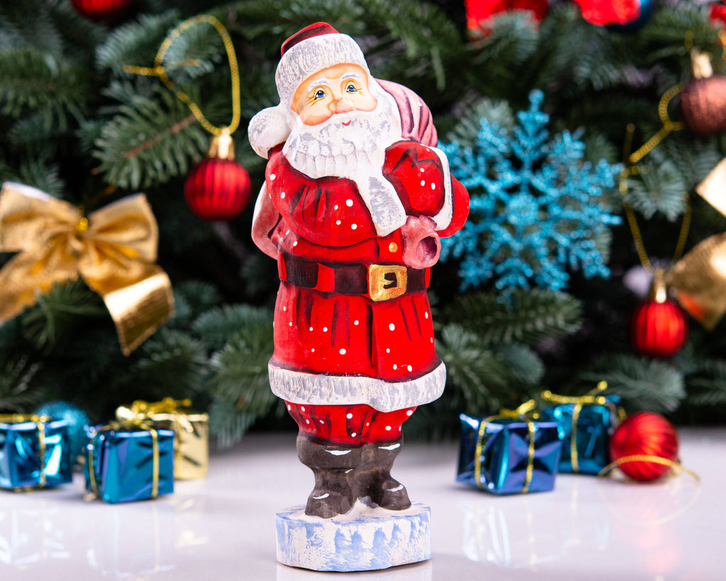 Santa Statue 7.1″, Hand‑Carved Wood, Shoulder Toy Sack