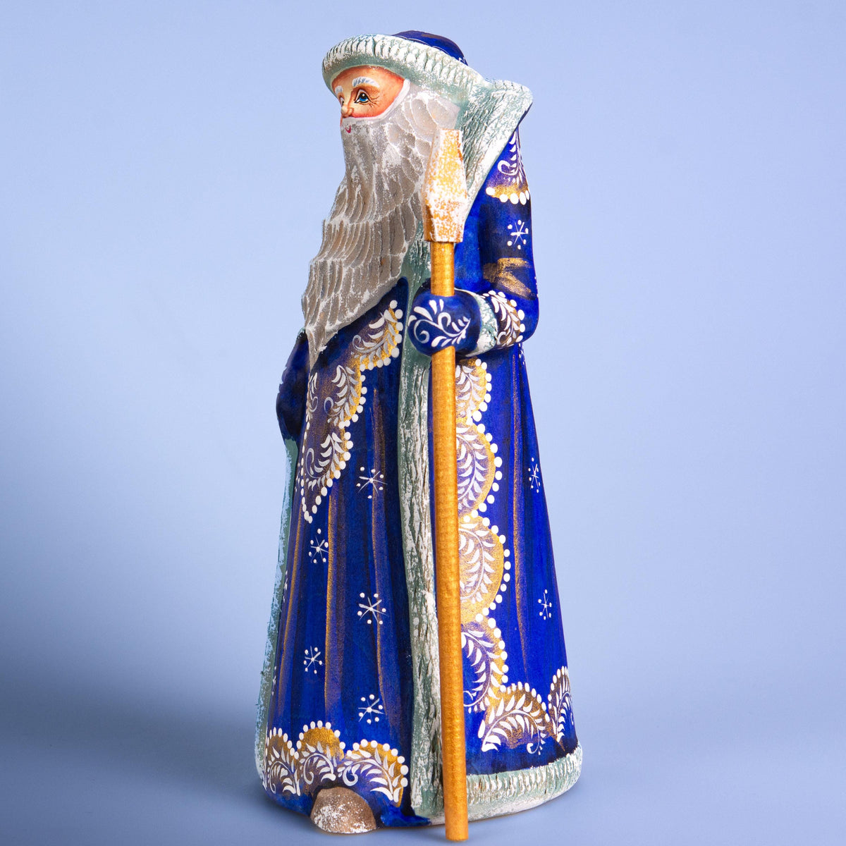 Blue Father Christmas figurine with staff, hand painted, 8.7 inch