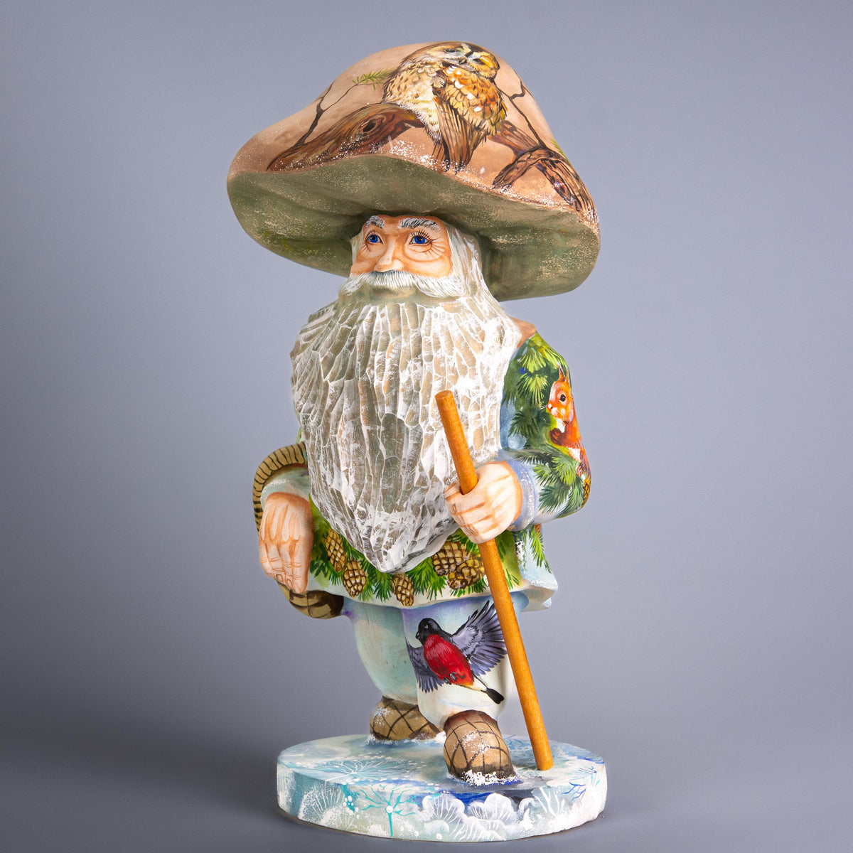 Hand Carved Wooden Mushroom Man Figurine 11 inch: Owl, Squirrel & Bullfinch