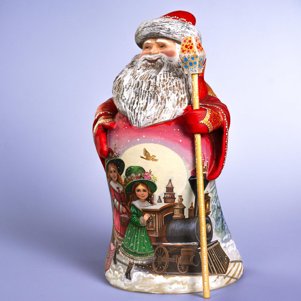 Hand-Carved Wooden Santa 14" with Christmas Train & Winter Village