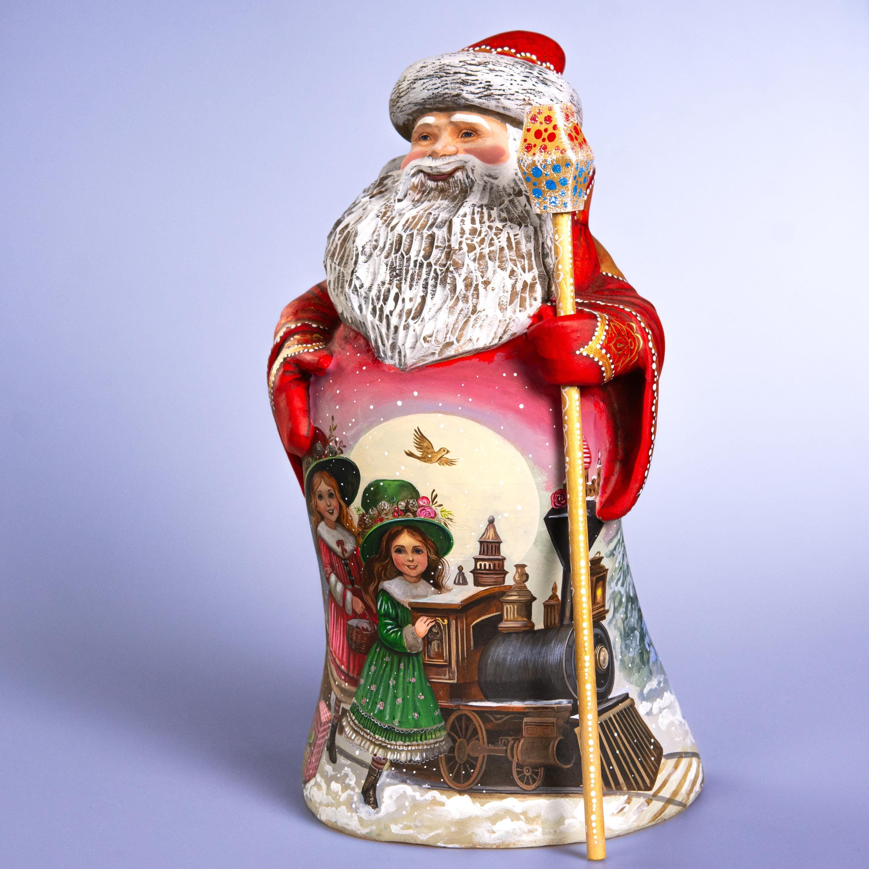 Hand-Carved Wooden Santa 14" with Christmas Train & Winter Village