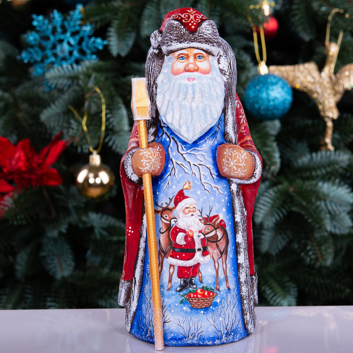 Hand carved Santa wooden figurine 9 inch, reindeer scene mantel decor