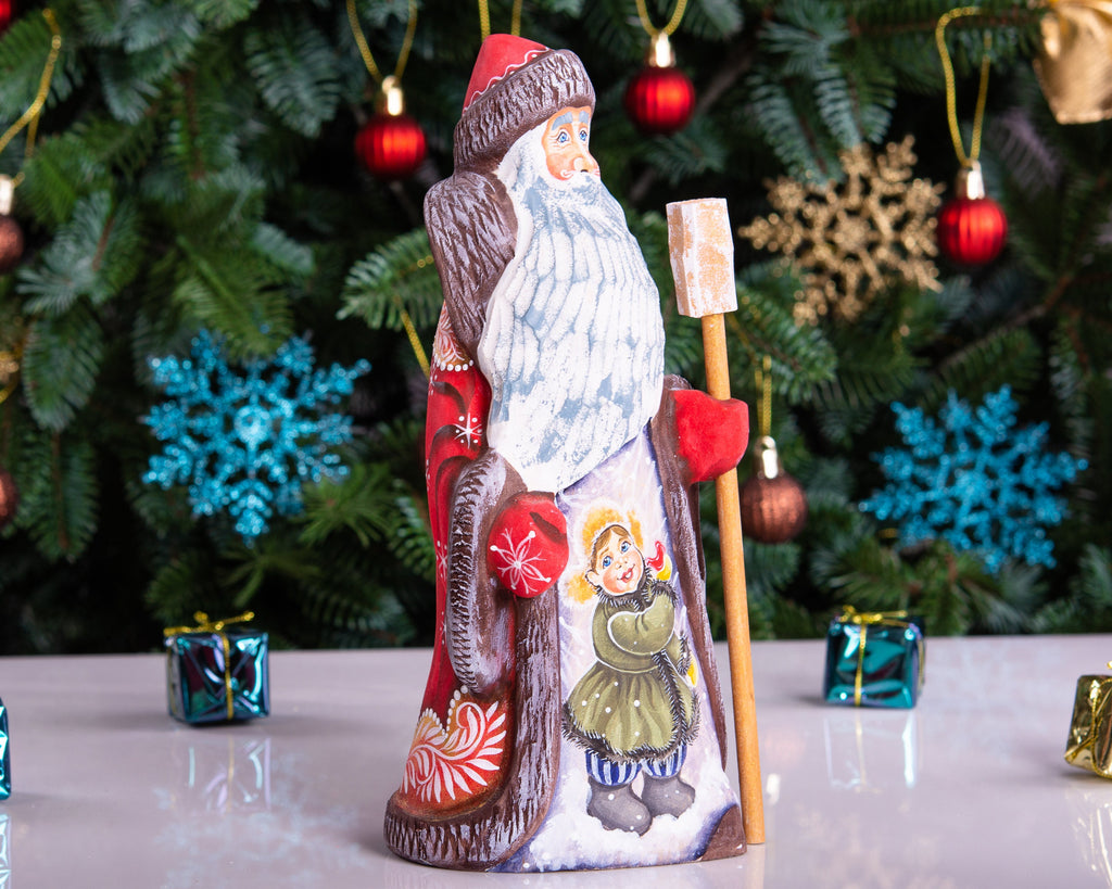 Hand carved Russian Santa 8.7 inch solid wood figurine, child scene