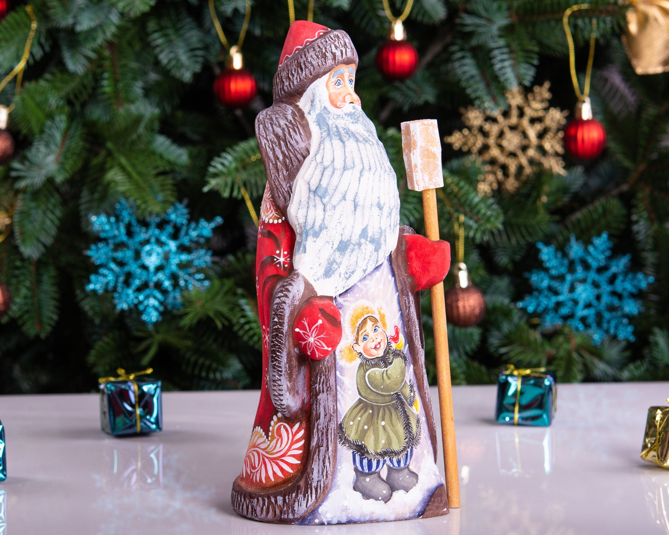 Hand carved Russian Santa 8.7 inch solid wood figurine, child scene