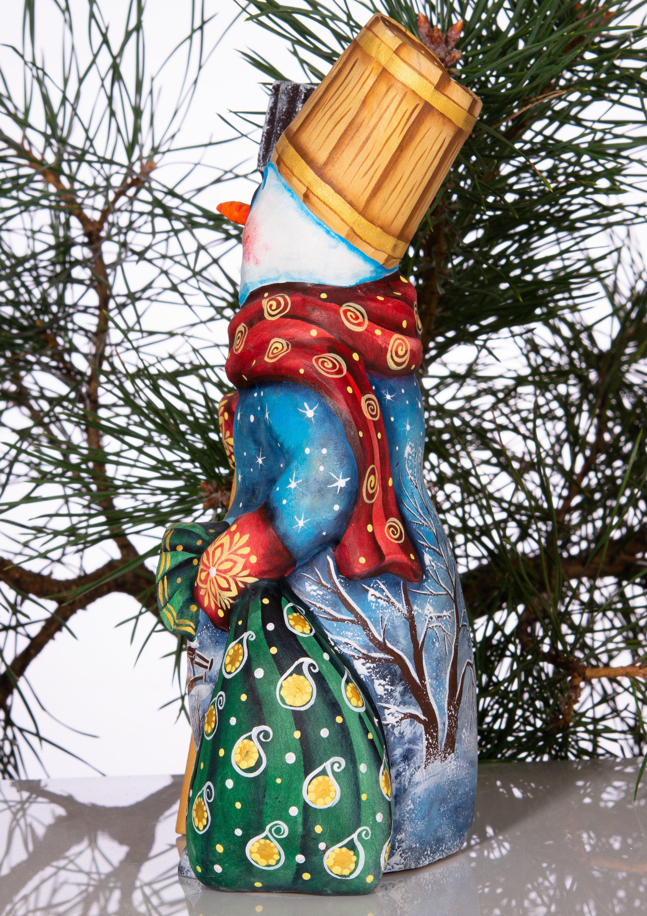 Christmas snowman wood figurine 8 inch, snowy cottage artwork, festive table centerpiece