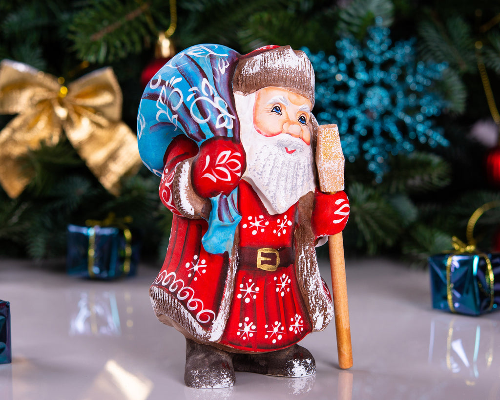 Mini Santa wooden figurine 5.7 inch, gift sack shelf decor