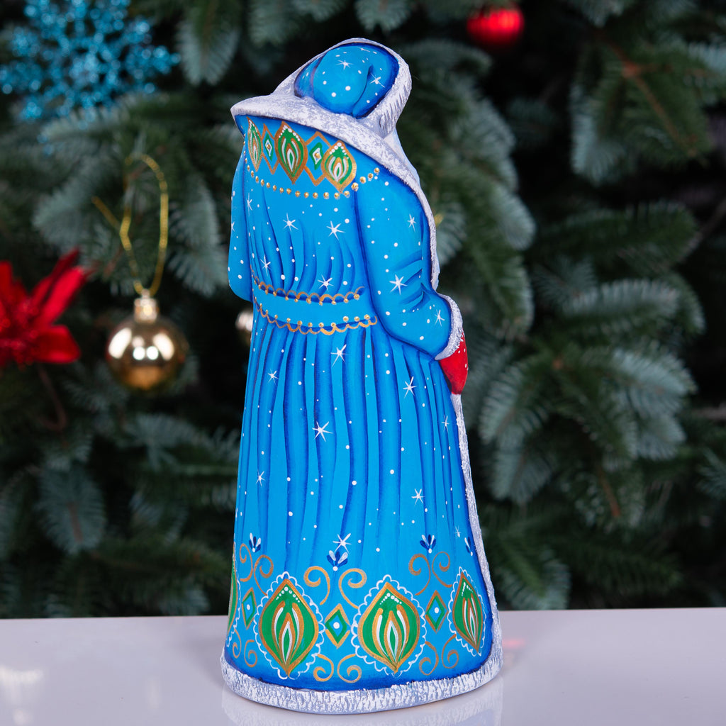 Hand carved Santa wooden figurine 9 inch, rabbits and lantern scene