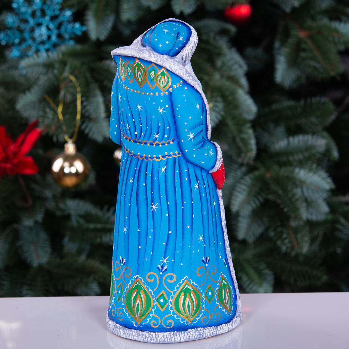 Hand carved Santa wooden figurine 9 inch, rabbits and lantern scene