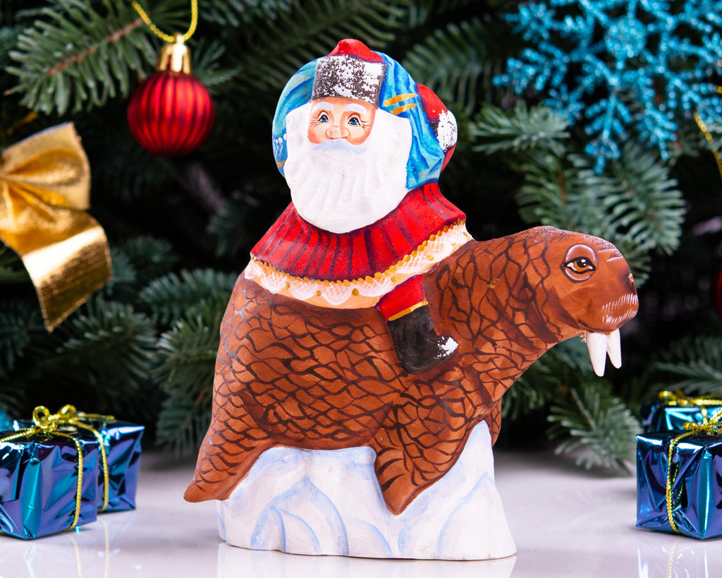 Old World Santa wooden figurine 5.9 inch, walrus arctic scene display