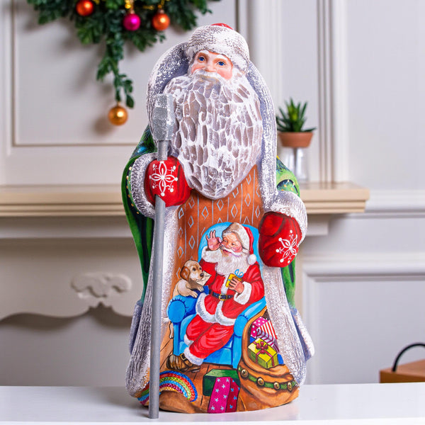 Collectible Santa Claus wooden figurine 9.5 inch, dog with presents, festive holiday shelf display