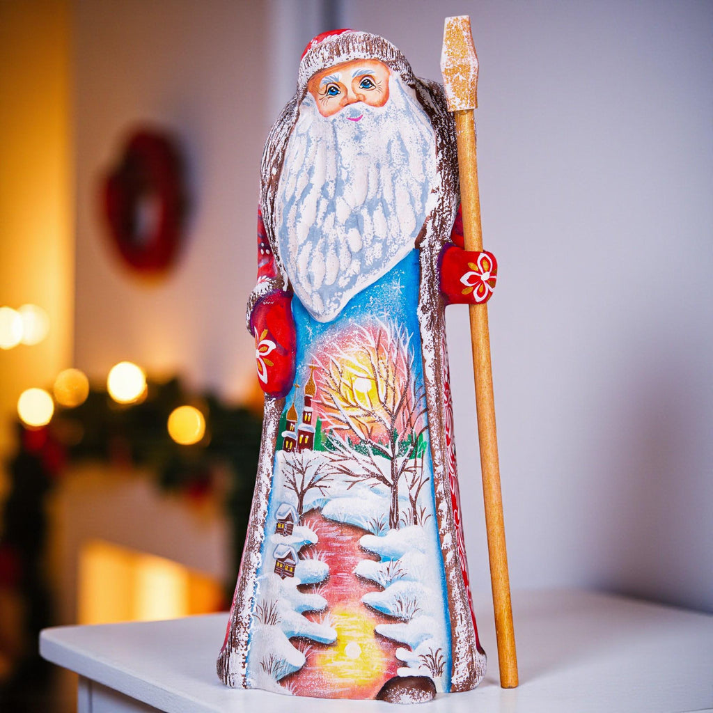 Russian Santa wooden figurine 9 inch, snow covered cottages painting, classic Christmas mantel display