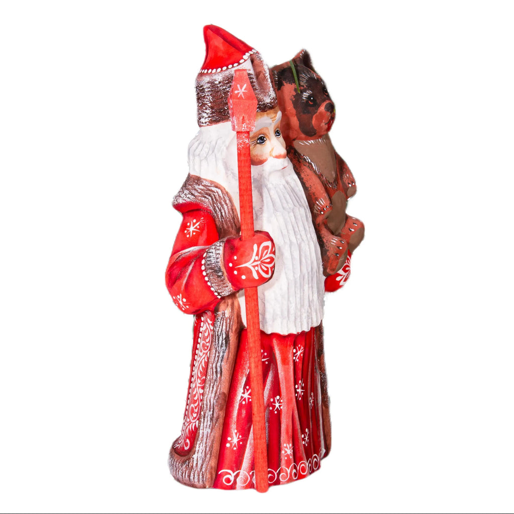Hand carved wooden Santa figurine 8.5 inch, holding bear, holiday shelf decor