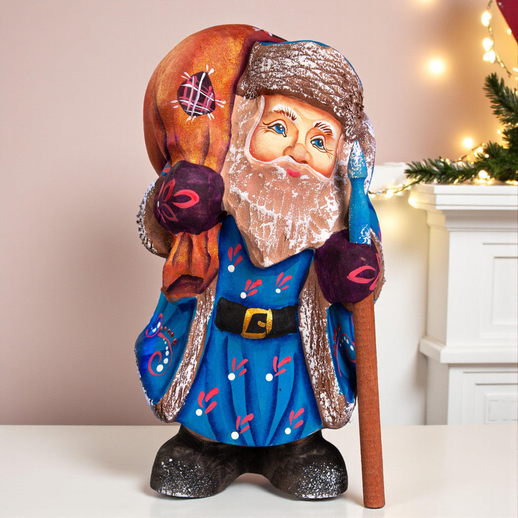 Father Frost Figurine Hand Carved Wood Blue Robe Staff and Sack 6″