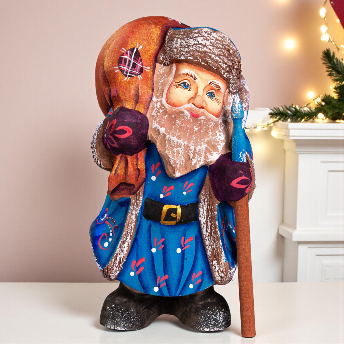 Father Frost Figurine Hand Carved Wood Blue Robe Staff and Sack 6″