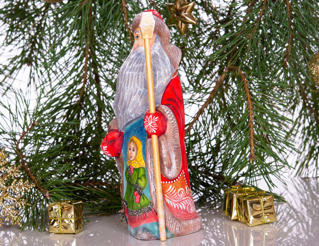 Santa figurine with staff, folk art hand painted girl scene, 8.3 inch
